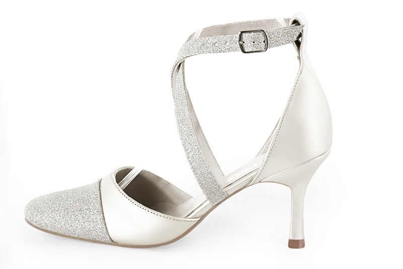 Light silver and pure white women's open side shoes, with crossed straps. Round toe. High slim heel. Profile view - Florence KOOIJMAN